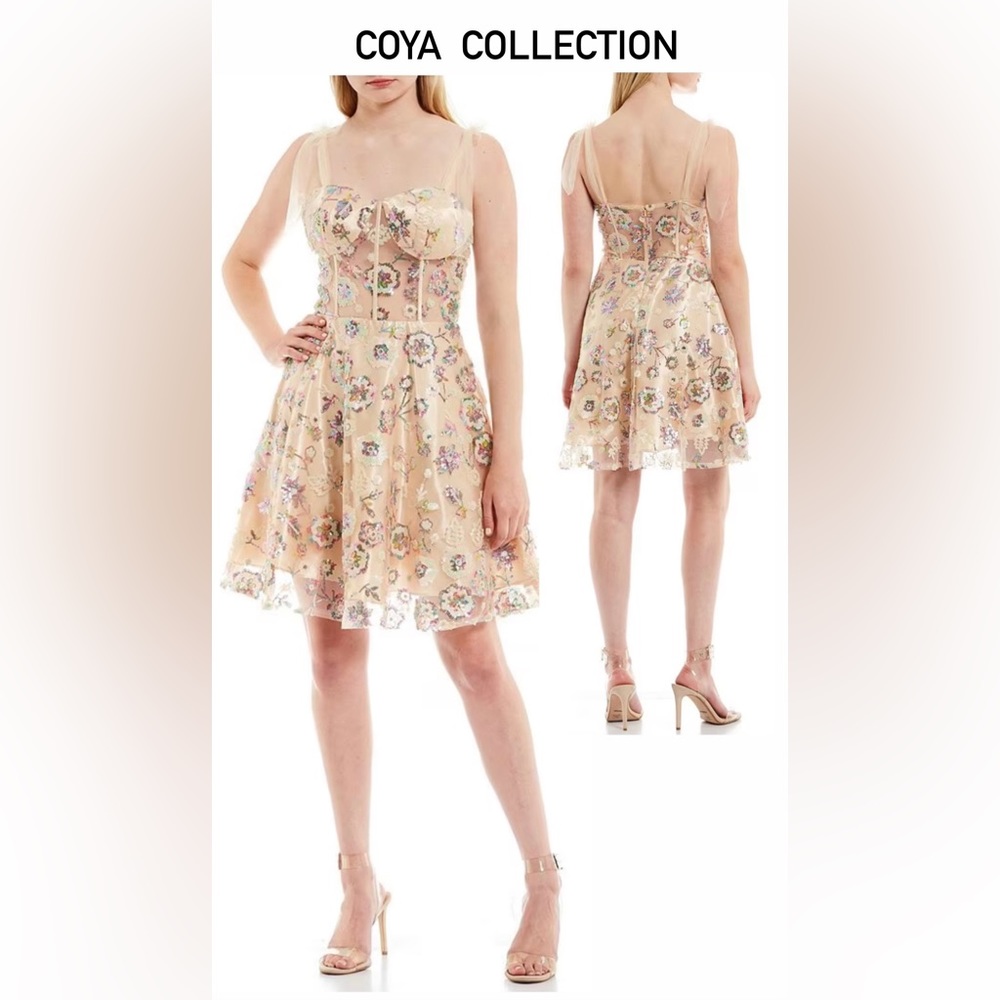 Coya Collection Sequin Floral Corset Bodice Tie Sleeve Fit and Flare Dress